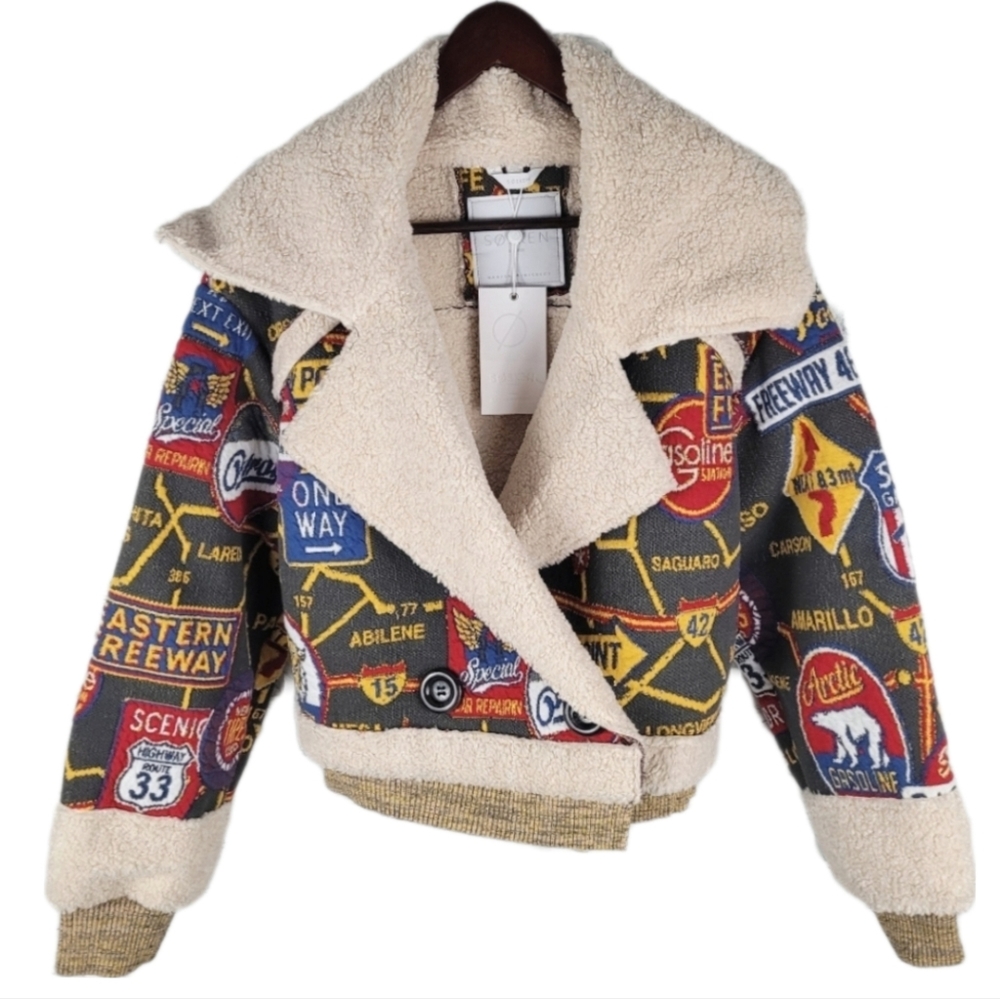 SOSKEN | January tapestry road map knit sherpa button close biker jacket - Picture 2 of 15